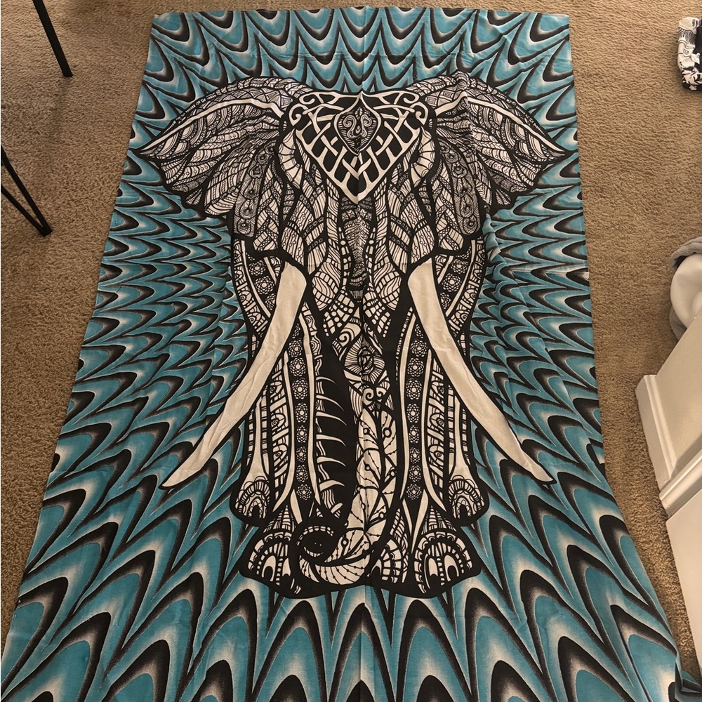 Elephant Mandala Wall Tapestry - Black, White, and Blue